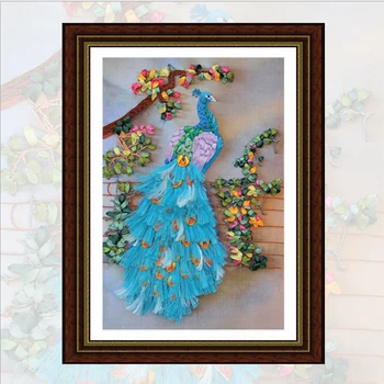 

DIY ribbon embroidery patterns kits panting peacock flowers Blossoming animals 3d cross stitch all decoration needlework unfinis