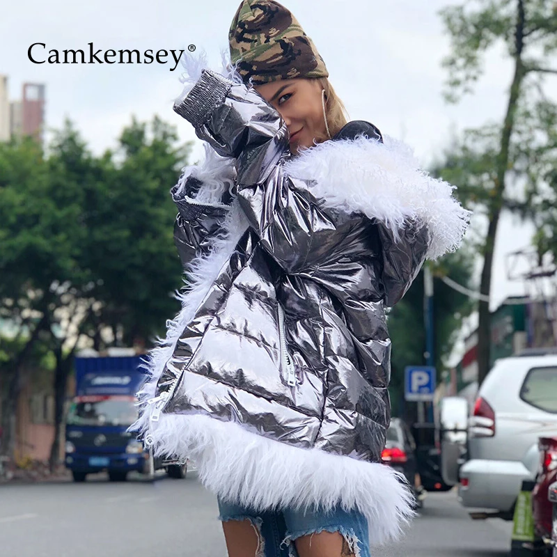 

CamKemsey Real Fur Hooded Collar Winter Coats Women 2019 Streetwear Thick Warm Down Cotton Padded Winter Silver Jackets Parkas