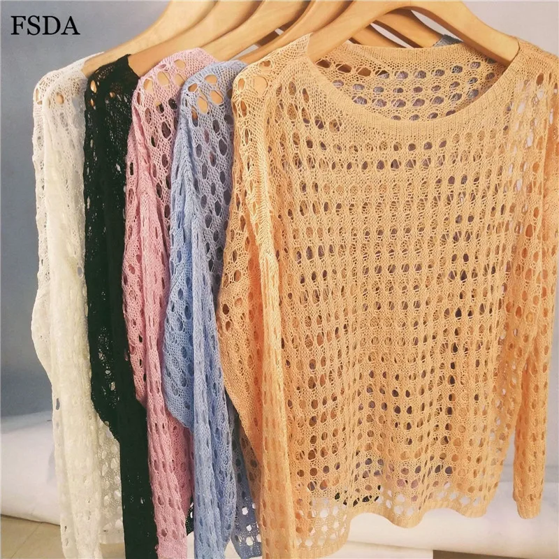 FSDA Women Summer Sexy Hollow Out Blouse Top White Knitted Sweater O Neck Long Sleeve Casual Solid Pullovers Blouse 2019 FSDA Women Summer Sexy Hollow Out Blouse Top White Knitted Sweater O Neck Long Sleeve Casual Solid Pullovers Blouse 2019