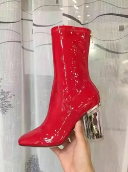 

2016 LTTLAutumn women genuine leather ankle boots pointed toe perspex heel PVC women boots drop shipping