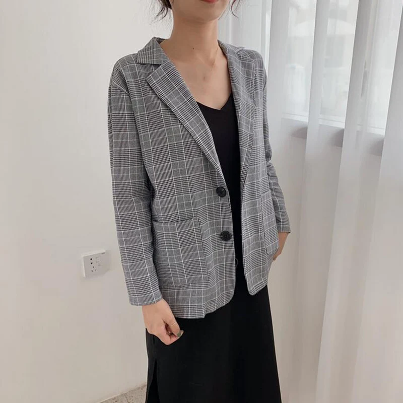 

Womens Korean Plaid Coat Loose Slim Blazer Suit Jacket Casual Pocket Outwear