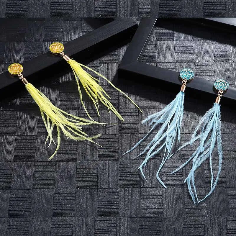 IMG_4237 Trendy Drop Earrings WomenLongBohemianBlueBalckDangleBohoTasselFeather Earrings 2018 Jewelry