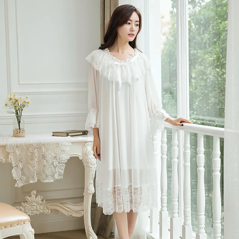 

Newest Spring Lady Nightgown Princess Court Style Modal Lace France Style Sleepwear Elegant Long Daily Breathable High Quality