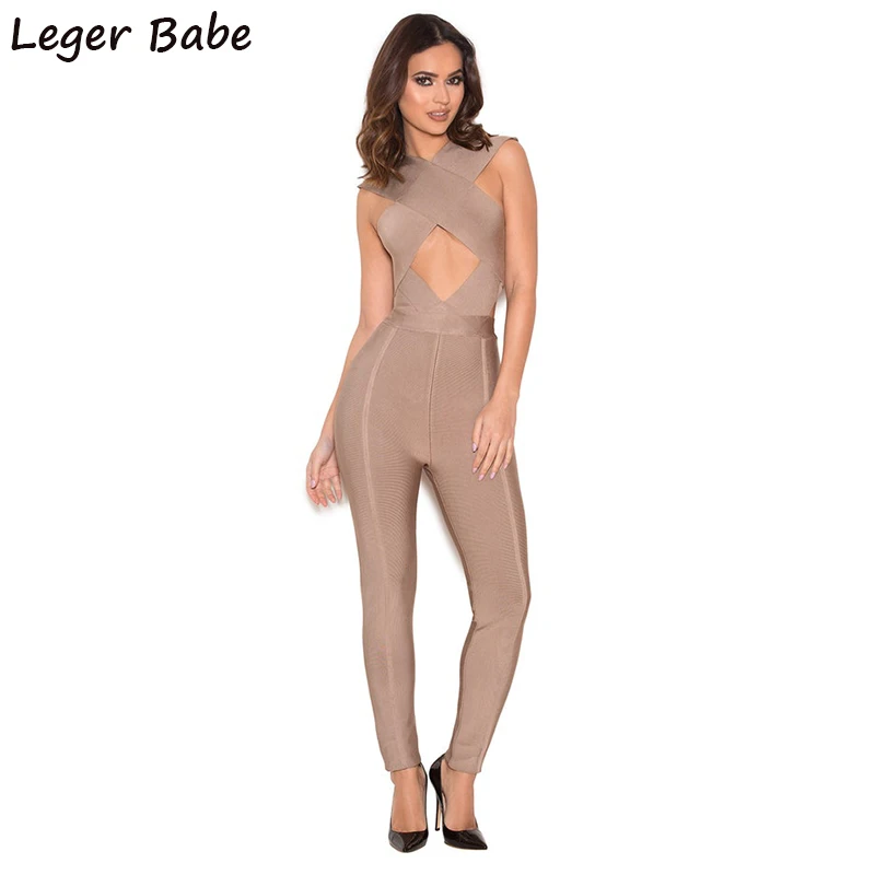 Leger Babe New Arrivals Cheap Women Long Bandage Jumpsuits Rompers Bodysuit Black Halter