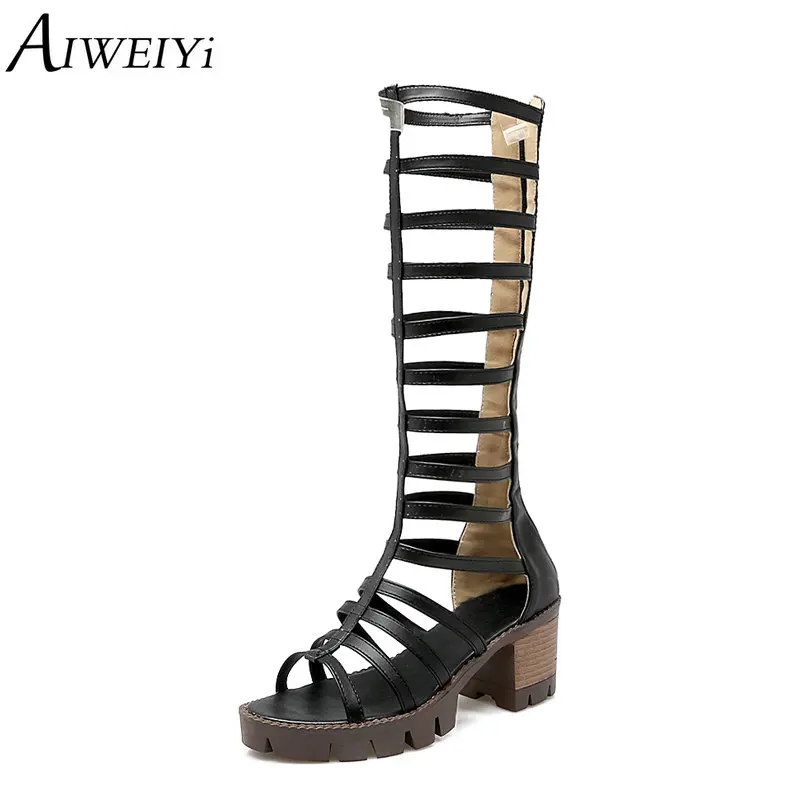 

AIWEIYi Knee High Sandals Summer Shoes Woman Square Heel High Heels Sandals Black Brown Summer Gladiator Sandals
