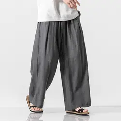 Мужские льняные хлопковые повседневные свободные прямого кроя широкие брюки мужские японские кимоно юбка брюки уличная готические брюки