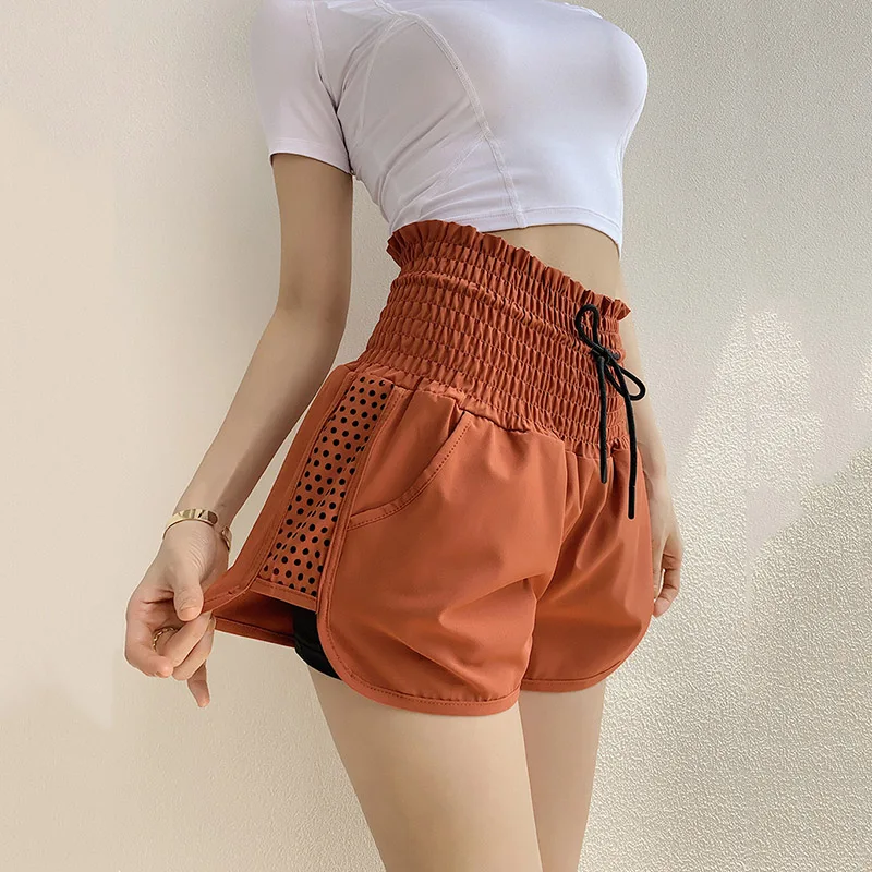

SALSPOR Summer Double Layer Dot Sport Shorts Women Tummy Control Lace Up Yoga Shorts Girl Gym Quick Drying Fitness Short Pants