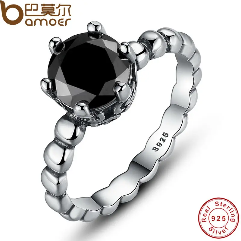 BAMOER Genuine 100 925 Sterling Silver Ring with Black Cubic Zirconia For Women Wedding Jewelry PA7109