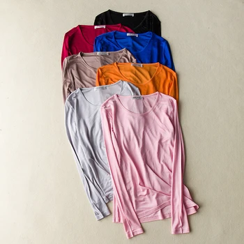 

2020 Autumn New 7 Colors Female Silk Double Knitted Classic Round Neckwear Long Sleeved Shirt Bottoming Nightwear Plus Size