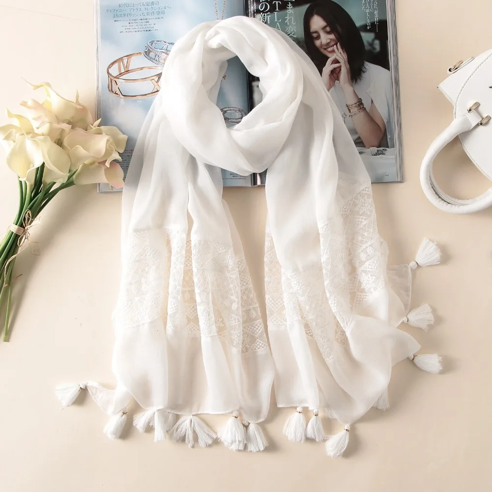 Women Lace Hijab White Light Scarf Tassels Long Shawl Large Cotton