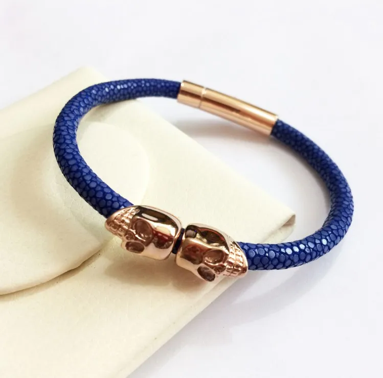 Northskull браслеты из нержавеющей стали с двумя черепами браслеты для мужчин и женщин браслет из натуральной кожи ската ювелирные изделия подарок - Окраска металла: blue rose