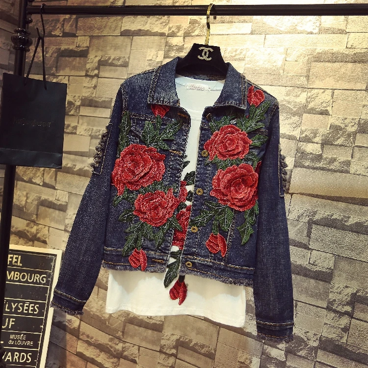 Finest  2018 Spring Autumn New Women's Embroidery Red Rose Short Denim Jacket Coat Hole Long Sleeve Skinny 