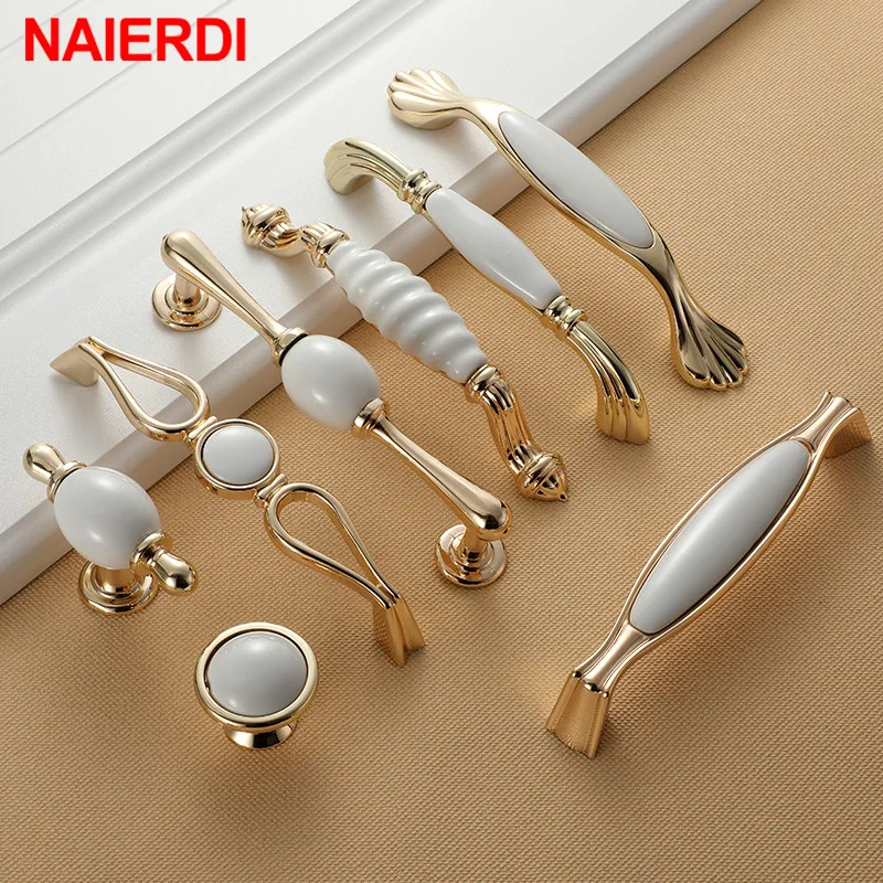 NAIERDI Gold White Creamic Gold Cabinet Handles Knobs Drawer Pulls Kitchen Door Handles Furniture Handle Cabinet Door Hardware