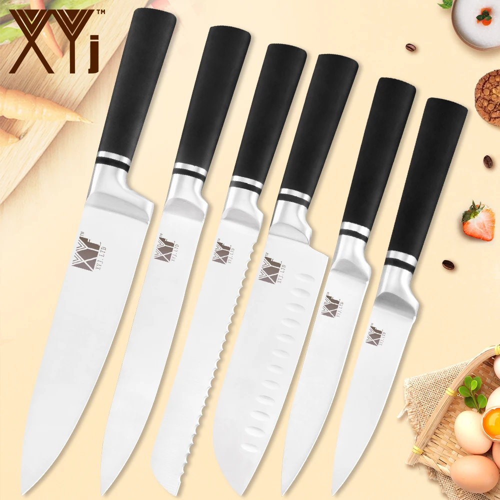 

XYj 6pcs Stainless Steel Kitchen Knives Set Black Non Slip Handle Chef Knives Sharp Blade Bread Meat Cooking Household Tools