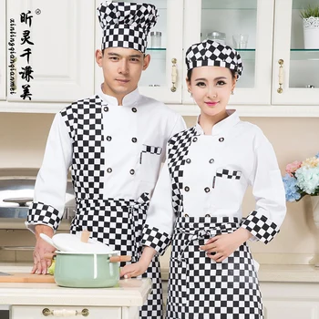 

Chef Wear Long Sleeved Checkered Coverall Hotel Service General Autumn And Winter chef work shirt J092