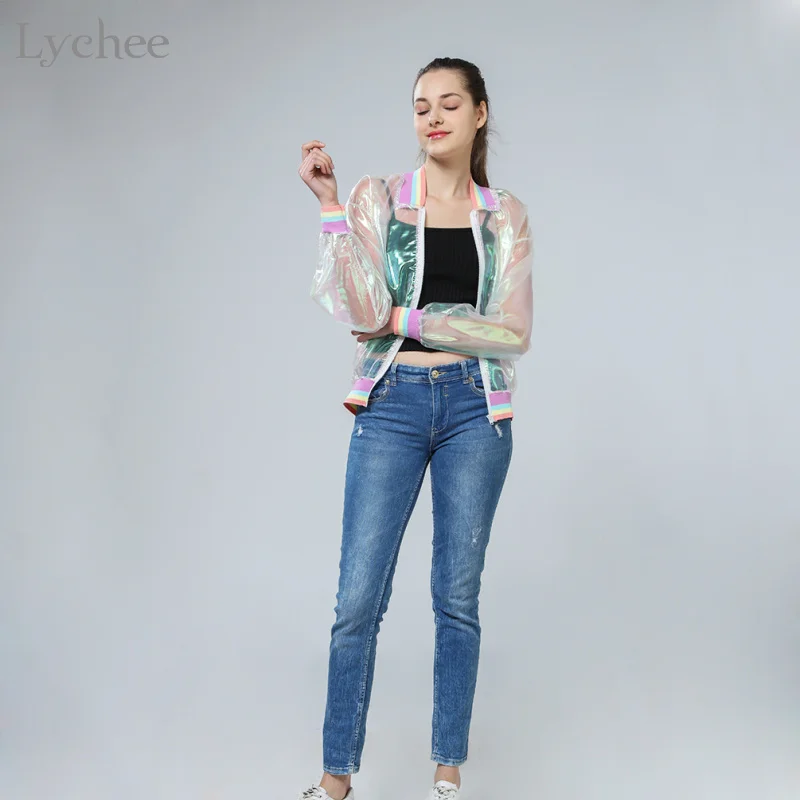 low cost  Lychee Harajuku Summer Women Jacket Laser Rainbow Symphony Hologram Women Coat Iridescent Transpare
