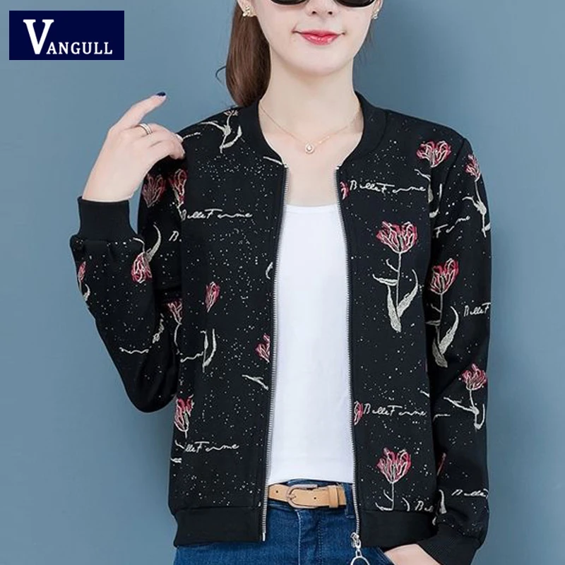 

Vangull Women Print Jacket Fashion Short Coat Female Long Sleeves New Baseball Tops 2019 Spring Autumn Zipper Slim Outerwear