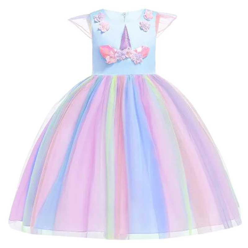 Пасхальное маскарадное платье с единорогом для девочек детское платье принцессы Эльзы на день рождения детский костюм на Хэллоуин и Рождество - Цвет: B0056blue