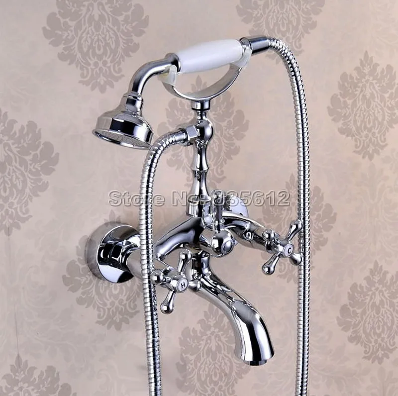 

Wall Mounted Bathroom Ceramic Handheld Shower Faucet Polished Chrome Finish Dual Cross Handle Tub Mixer Tap Wtf933