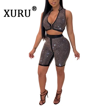 

XURU Summer New Women's Sexy Hot Drilling Jumpsuit Two-piece Slim Zipper Sleeveless Diamonds Jumpsuit Nightclub Siamese Shorts