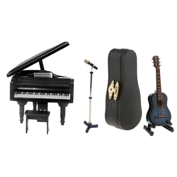 

Miniature Musical Instrument Microphone Guitar Piano Set Model for 1/12 Dollhouse Figures Dolls Accessory Desktop Display Decor