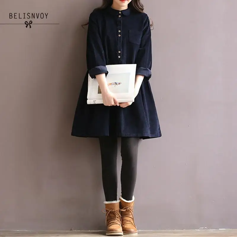 Kopen Robe Femme Hoge Kwaliteit Herfst Winter Vrouwen Corduroy Jurk Lange Mouwen Mori Meisje Peter Pan Kraag Vintage Jurk Vestidos