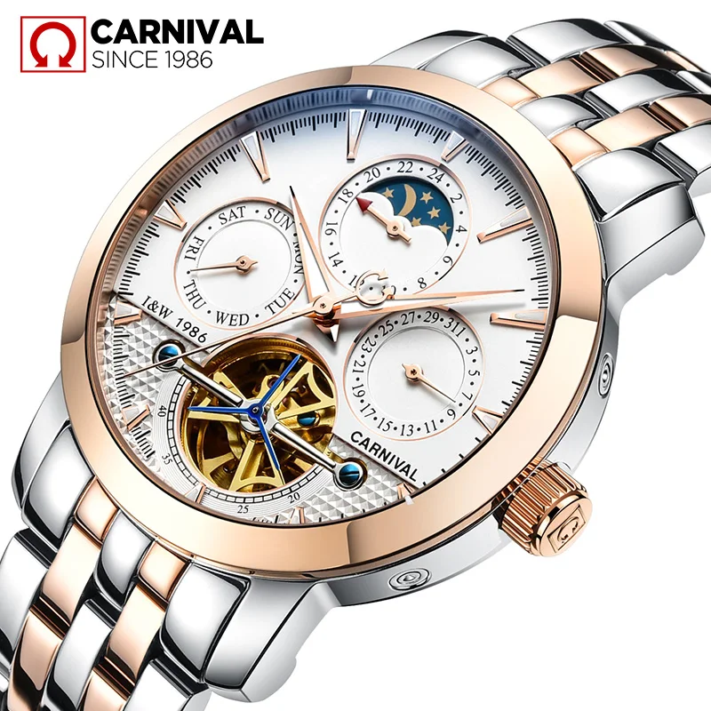 Fashion tourbillon watch men Moon Phase Stainless steel Automatic mechanical Sapphire waterproof white watch relogio masculino