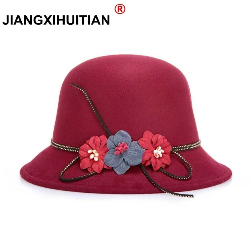 2017 New fashion Gold Velvet Flowers Fedora Hats for Women Vintage