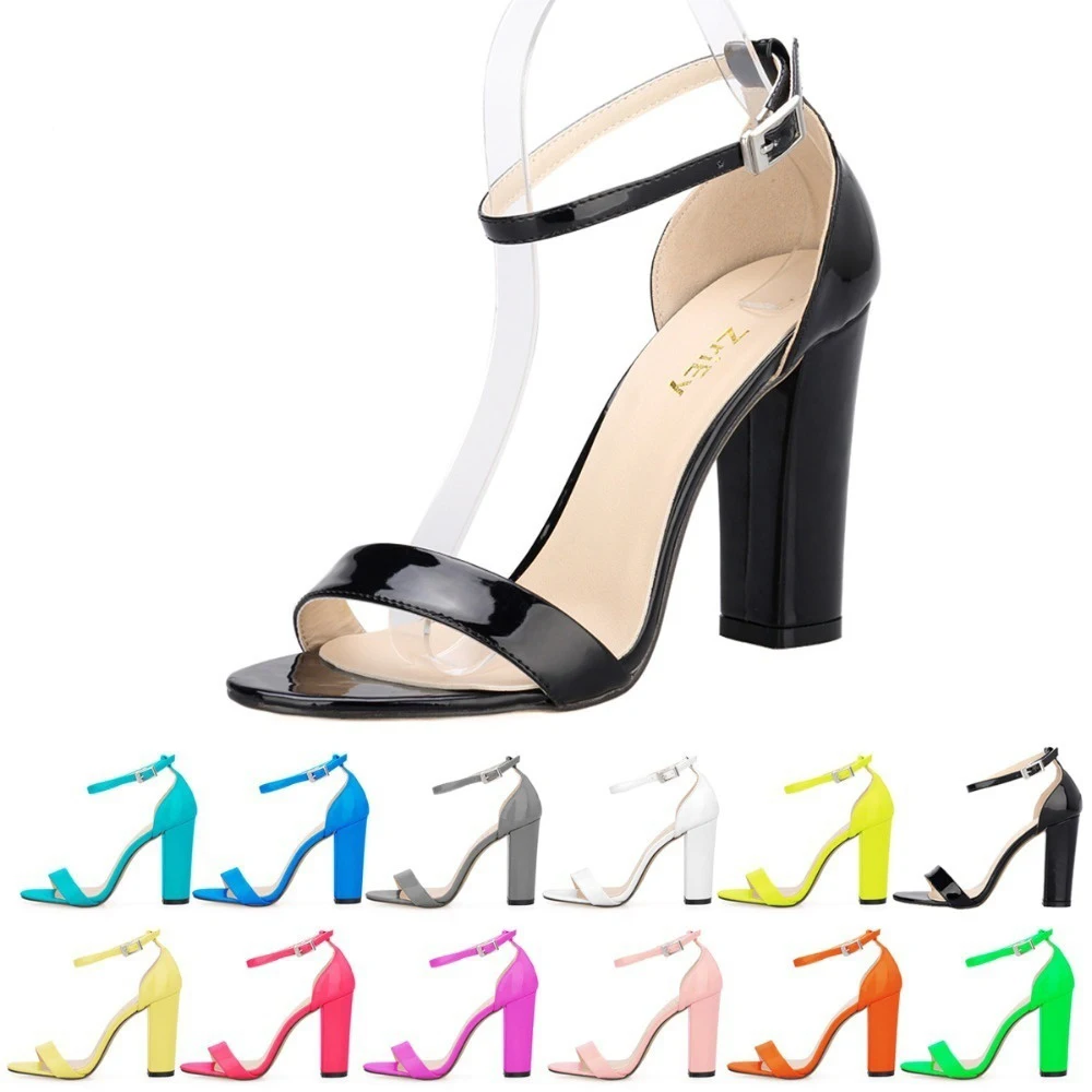 

LOSLANDIFEN Sexy Women Ankle Straps Sandals Black High Heels Red Party Patent Leather Pumps Open Toe Office Lady Shoes368-1PA