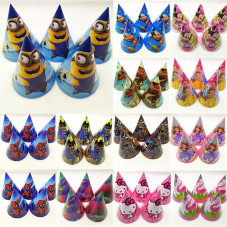

6p/set Mickey Minnie Mouse Spiderman Avenger Hello Kitty Sofia Princesses Minions Troll Moana Caps Party Supplies Hat Decoration