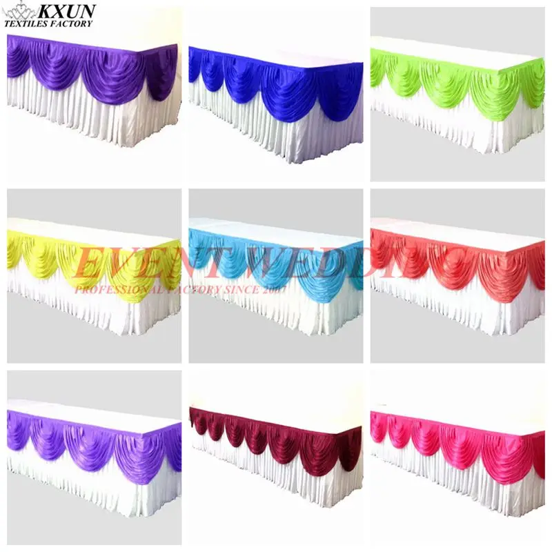 

Wholesale Price Ice Silk Table Skirt Tablecloth Skirting With Top Swag Drape For Wedding Event Party Decoration