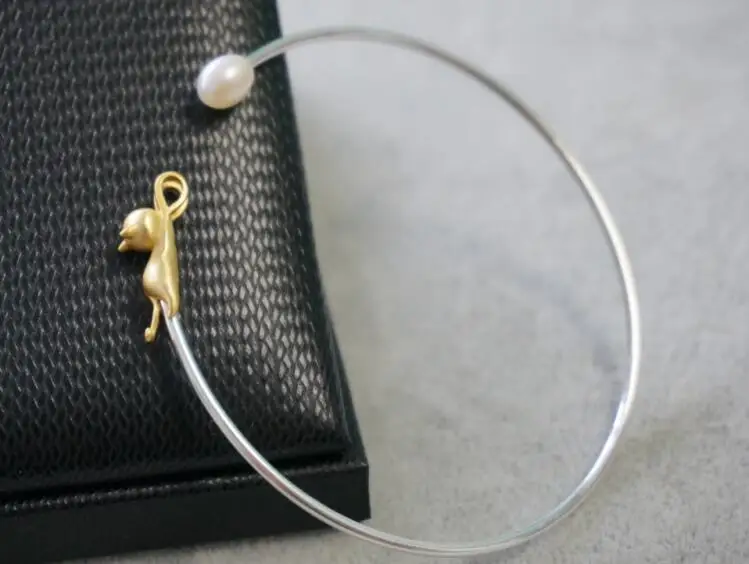 One of a kind 925 sterling silver bangles personality simple design cat and pearl brushed silver handmade fashion ladies jewelry