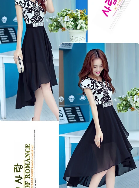 Высокое качество корейский V воротник синий и белый фарфор короткий рукав ласточкин хвост шифоновое длинное платье синий/черный