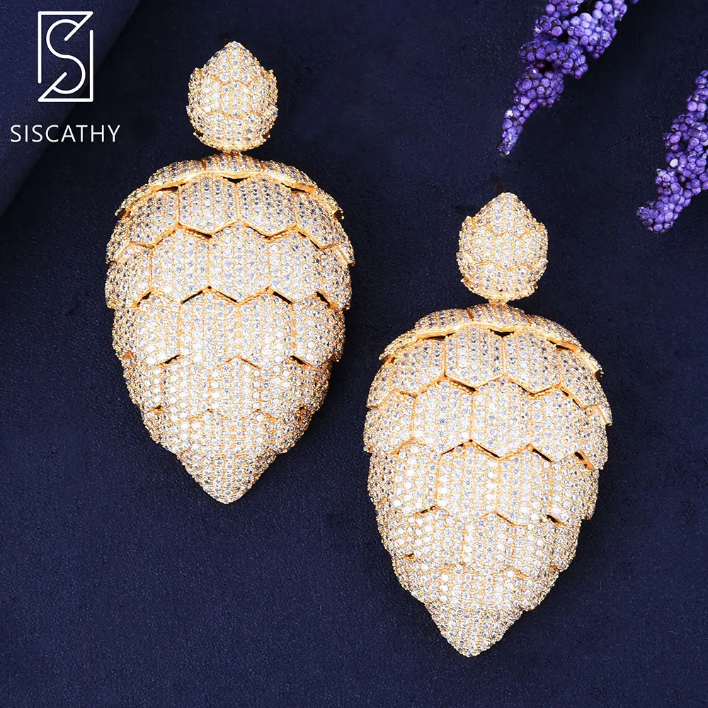

SISCATHY 34*63 mm Fashion Big Pendant Earrings Cubic Zirconia Inlaid African wedding Engagement Dangle Drop Earrings