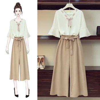 

Fashion Suit Ladies 2019 Summer New Chiffon Two-piece Loose Wide Leg Pants Fashion Suit