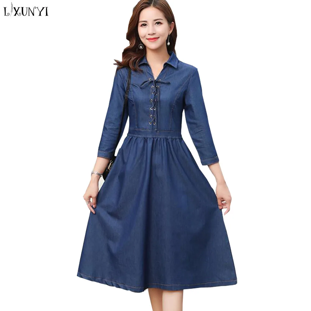 LXUNYI Plus Size Denim Dresses for Women Spring Autumn Solid Slim