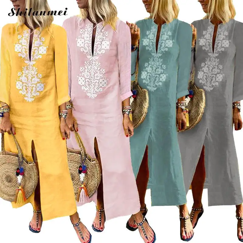 

Vintage Linen Dress Women Sexy Kaftan Dresses 2019 Spring Deep V Neck Long Sleeve Split Flower Print Casual Party Maxi Vestidos
