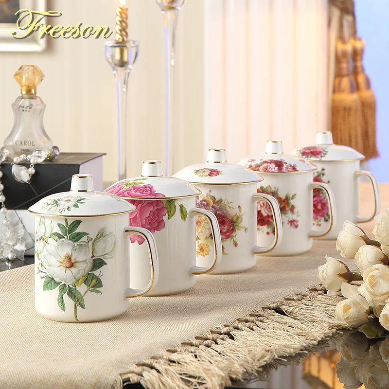 

Pastoral Bone China Tea Mug with Lid Spoon Europe Ceramic Coffee Mug British Porcelain Mug Tumbler Office Party Drinkware