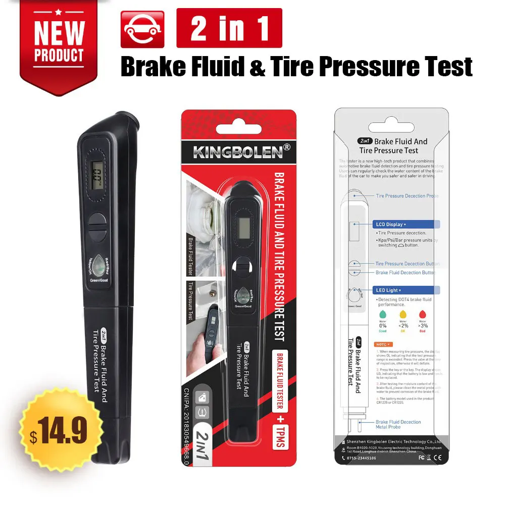 

Auto Brake Fluid & Tire pressure guage 2in1 tester Digital tyre pressure meter testing for Driving Safety OBD2 Diagnostic tool