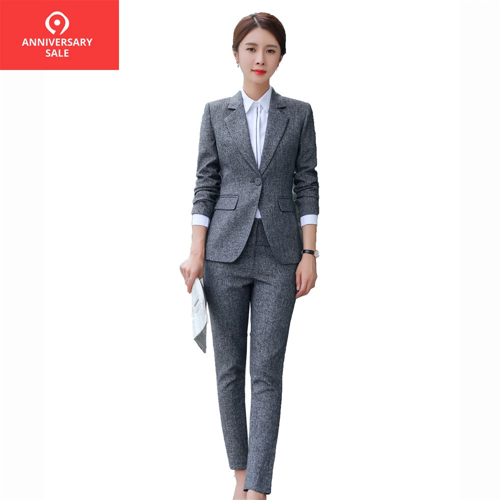

Bettolvis female Dark gray black blazer pants suits women's office suit 4XL 2019 Autumn winter pencil Pants suits traje mujer