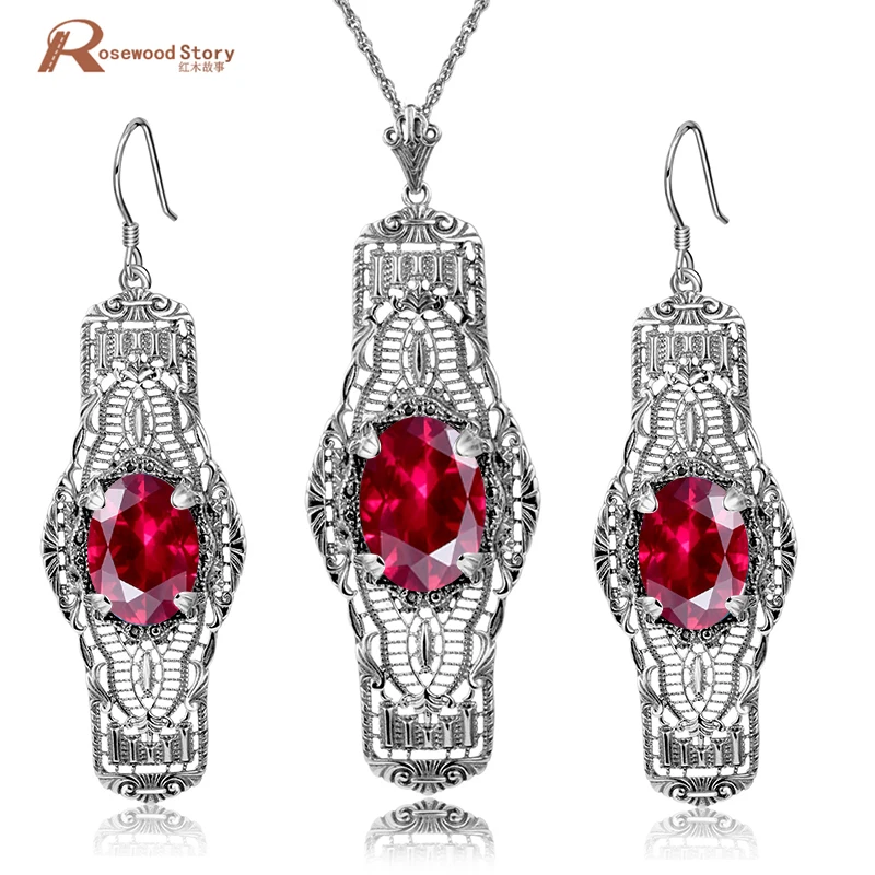 

Luxury Handmade Vintage Jewelry Sets Real 925 Sterling Silver Crystal Earring Pendant Red CZ Stones Women Wedding Dresses Sets