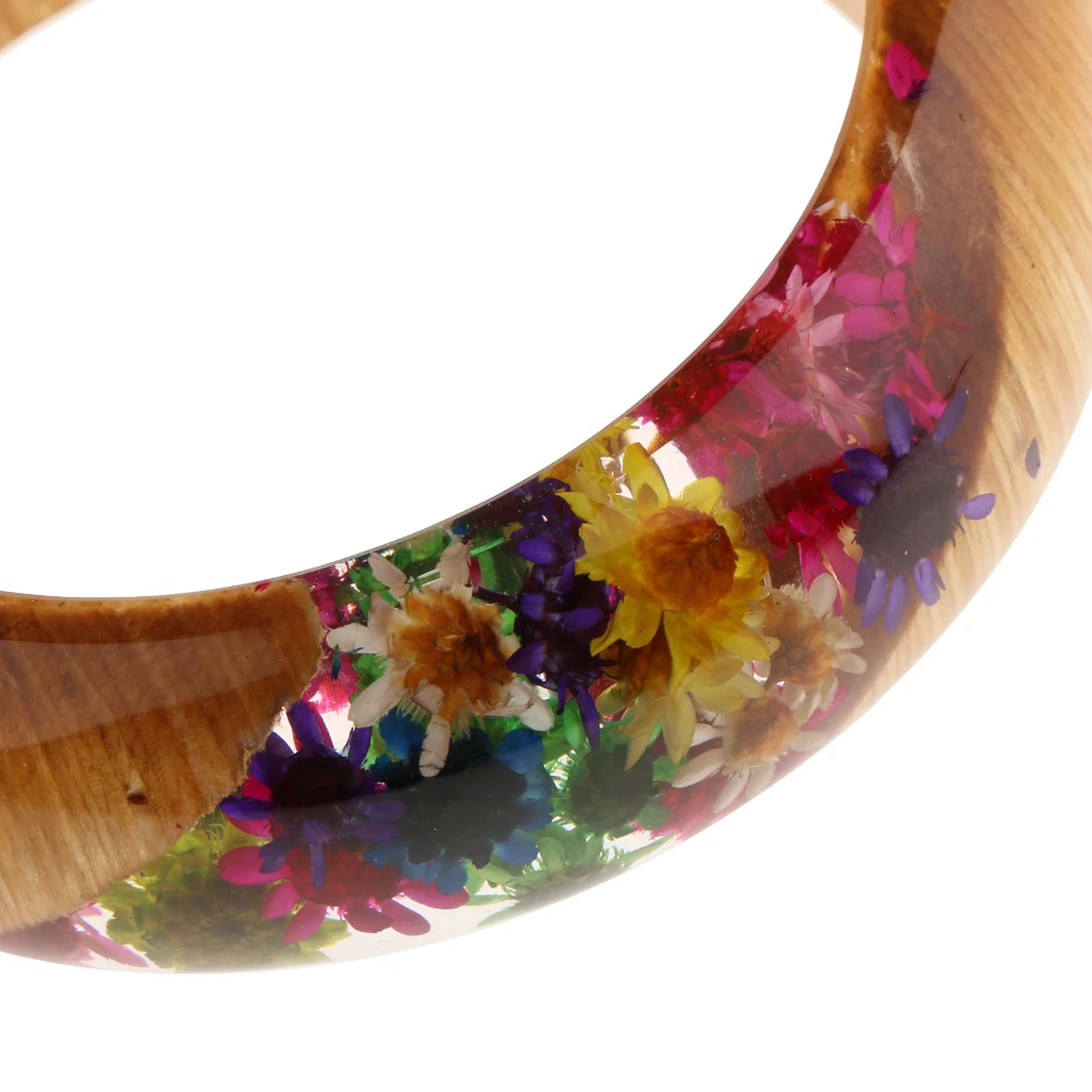 Clear Dried Flowers Incased Resin Charms Wooden Bracelet Bangle Women Girls Bohemian Jewelry Fashion
