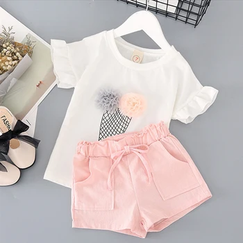 

Girls Suits 2019 Summer Style Kids Beautiful Floral Flower Sleeve Children O-neck Clothing Shorts Suit With Belt 2Pcs Clothes