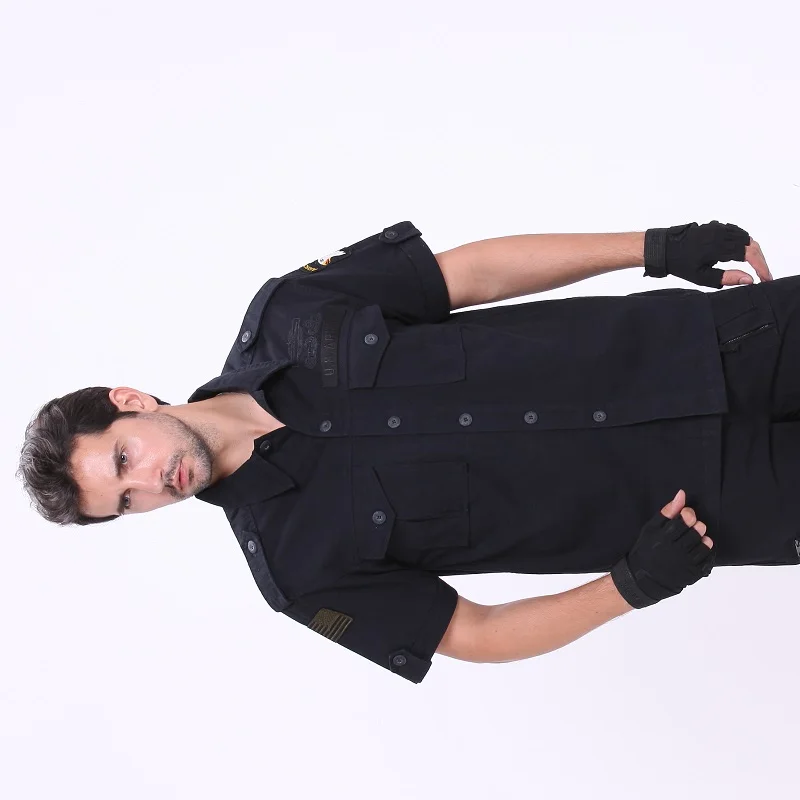 Качественная мужская рубашка в Военном Стиле США с эполетами, с коротким рукавом, хлопок, тактическая Униформа, мужская мода - Цвет: Черный