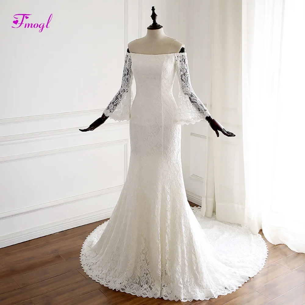 

Fmogl Romantic Boat Neck Flare Sleeve Mermaid Wedding Dresses 2019 Graceful Lace Trumpet Bohemian Bridal Gown Vestido de Noiva