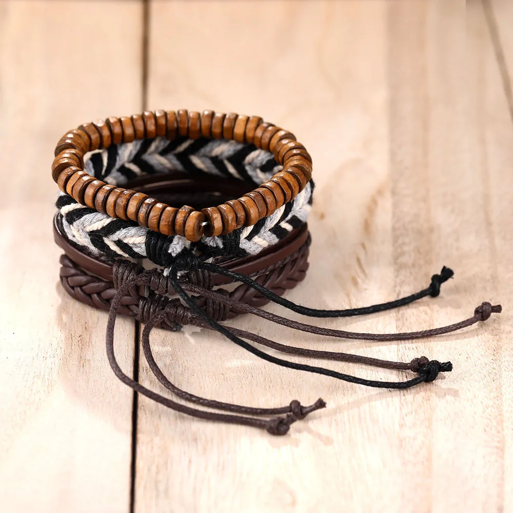 17IF Многослойный кожаный браслет ручной работы с деревянными бусинами для мужчин и женщин, Классический компасный плетеный браслет, набор, этнические ювелирные изделия
