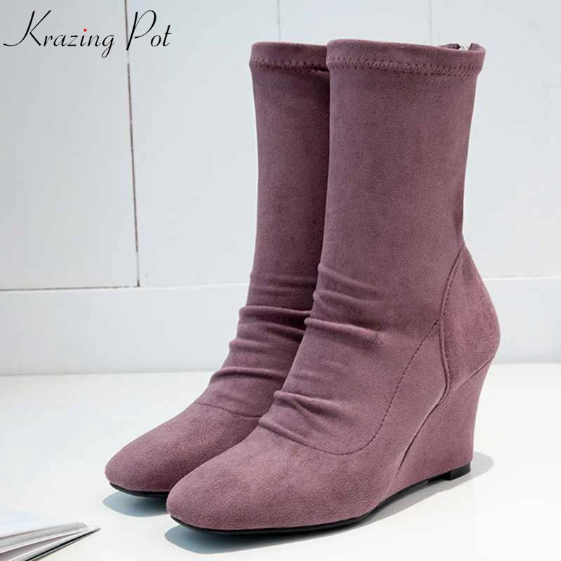 

Krazing Pot 2018 flock wedges stretch boots women square toe increased reppy European Winter modern Autumn mid-calf boots L4f1