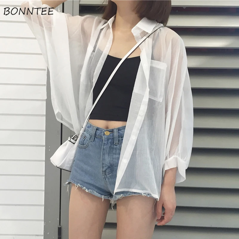 

Shirts Women Solid Batwing Sleeve All-match Summer Sunshade Vacation Soft Ladies Korean Style Womens Pockets Blouses Lovely 2019