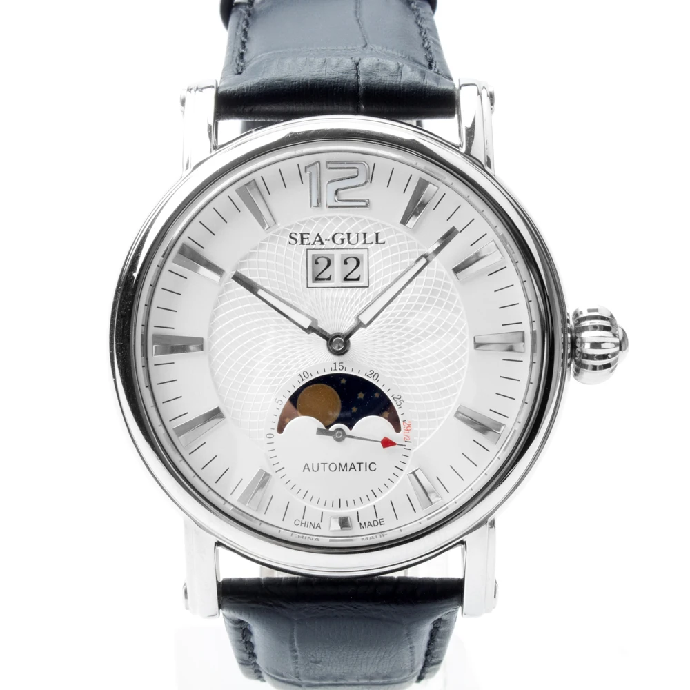 

Genuine Seagull Grande Date Moon Phase Guilloche Onion Crown Exhibition Back Automatic Men's Watch Sea-gull M308S