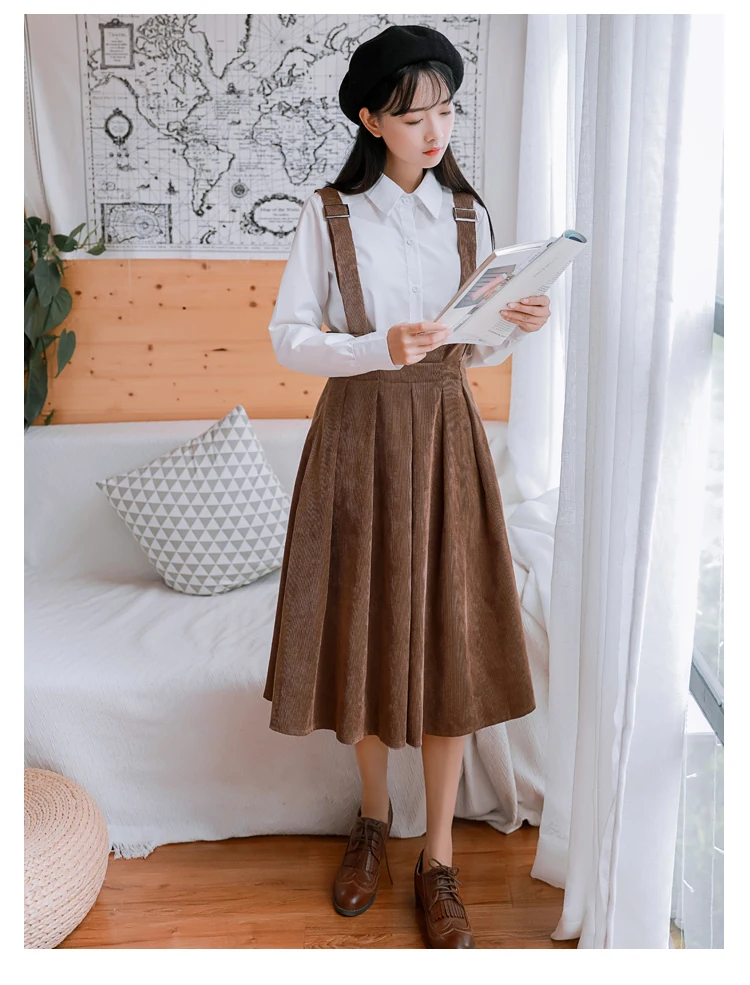 Японский стиль Kawaii Сарафан женский жилет без рукавов вельветовые платья бордовый, темно-синий, коричневый Mori Girl винтажное платье